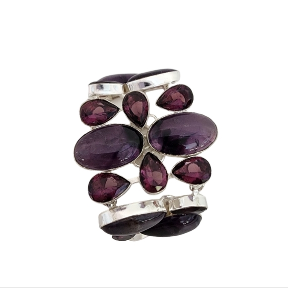 Silver amethyst gemstone bracelet chunky statement bracelet plus glass stones - Picture 3 of 15